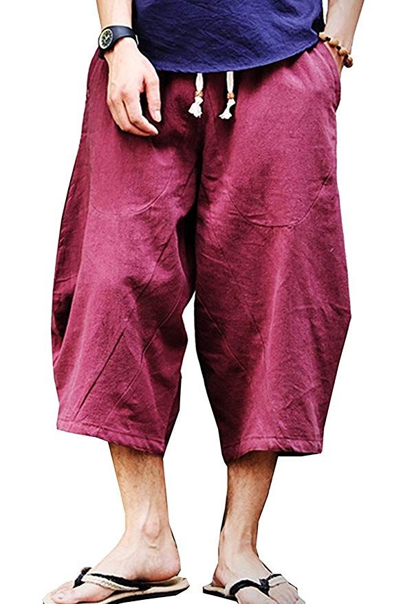 Mens Patchwork Shorts Loose Cotton Linen Harem Capri Pants