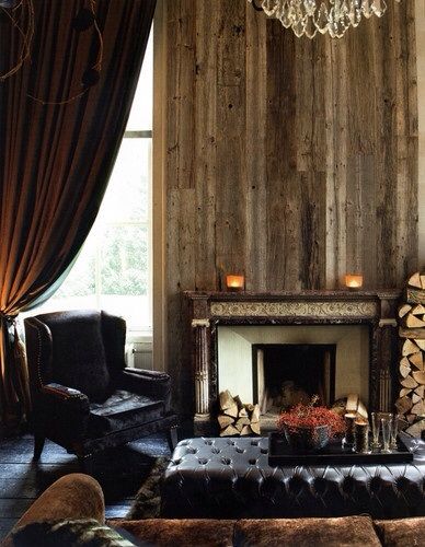 Great Rustic Feel From The Reclaimed Wood Walls Fireplace And Brass Nailhead Trim On Chocolate Velvet Sofa So Handsome Great Rustic Feel From The Reclaimed Wood Walls Fireplace And Brass Nailhead Trim On Chocolate Velvet Sofa So Handsome