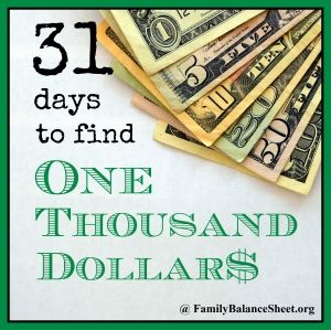 A blogger's challenge to declare 1 month a spending freeze month, and then come up with ways to put $1000 in the bank. Some good ideas and encouragement.