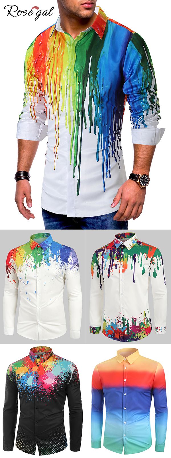 Rosegal Colorful Painting Splatter Print Long Sleeves Casual Shirt mens outfits ideas