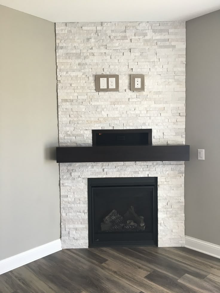 Thin Stone Cut Face Stone Dark Beam Mantle Corner Fireplace