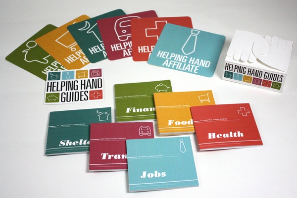 The Helping Hand is a hypotheticalsystem created by Kansas City Art Institute students Kelsey Anderson and KarenVillalba. The purpose of this design is to suggest a solution to thedisorganized state of information available to individuals of low income livingin Kansas City, Missouri. The first component if the system is the series ofsix color-coded booklets, each with their own topic and icon. Each booklet alsohas a helpful tear—away page, such as aform or map. The booklets are contained in the Helping Hand Guides box,complete with locking hand flaps to match the mission statement, also includedin the box with the books. To help users connect information in the guidebooklets with the resources available to them, window stickers were alsocreated with colors and icons corresponding to the booklets. Organizationsaffiliated with Helping Hand can place a sticker in their place of business toguide individuals to the help they need to get back on their feet.