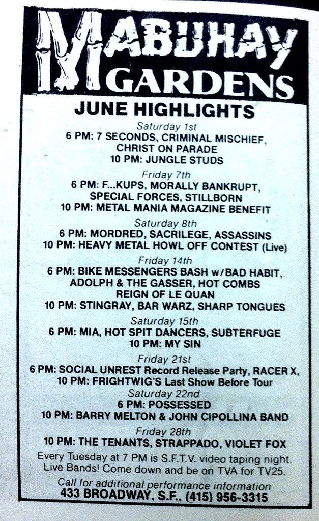 Mabuhay Gardens Concert Calendar Ad June 1985 Concert Calendar Mabuhay Gardens Concert Calendar Ad June 1985 Concert Calendar