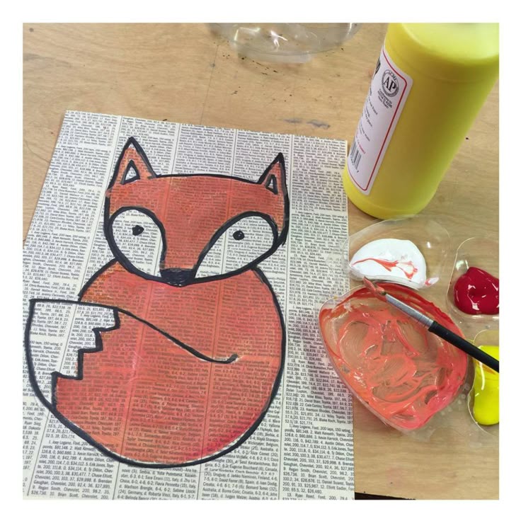Easy art projects for kids. This fox painting looks like students recycled newsp...