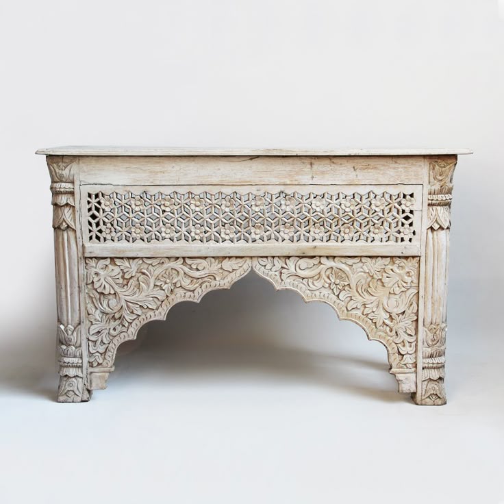 White Wash Carved Wood Architectural Console Table Furniture Carved Wood Architectural Console Table, Carved Wooden Furniture India
