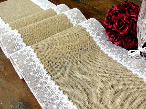 Burlap Table Runner Wedding With White Floral Lace Vintage Inspired Rustic Chic Decor Handmade In The USA Burlap Table Runner Wedding With White Floral Lace Vintage Inspired Rustic Chic Decor Handmade In The USA