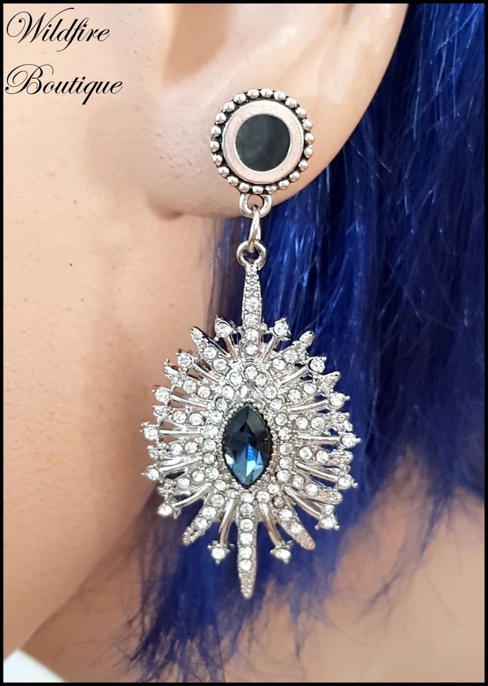 Pair Stainless Steel Sparkly Silver Crystal Star Dangle Ear Tunnels Plug 6-30mm