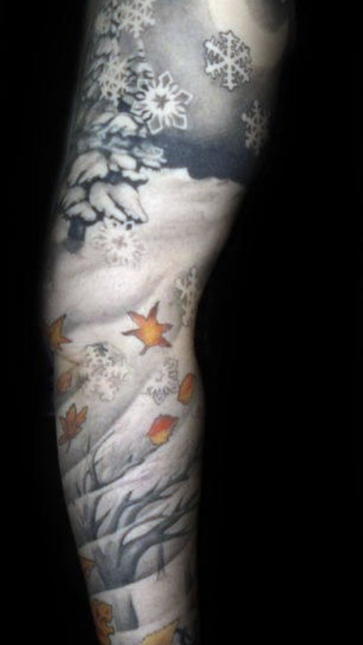 Winter snowflake scene tattoo sleeve, minimal color in 2020 Tattoos