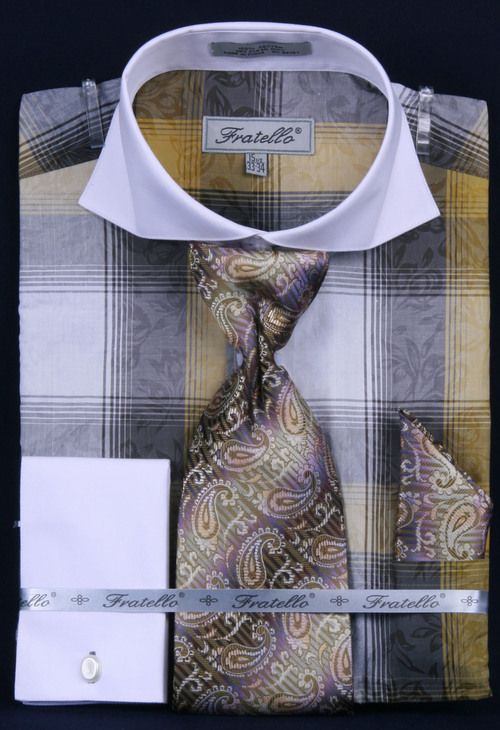 Men/'s Checker Pattern Two Tone French Cuff Shirts with Cuff Links