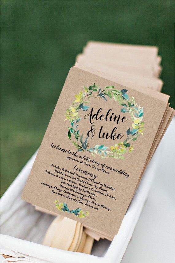 green wreath wedding program fans template garden wedding program