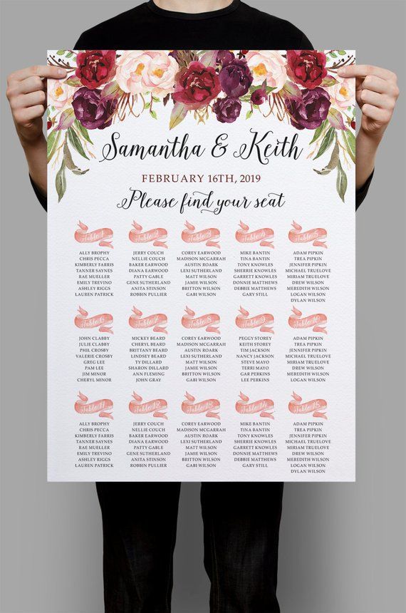 printable wedding seating chart burgundy purple and pink floral