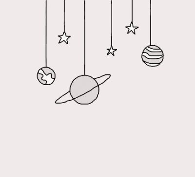 a drawing of planets hanging from strings with stars on the top and bottom, in black and white