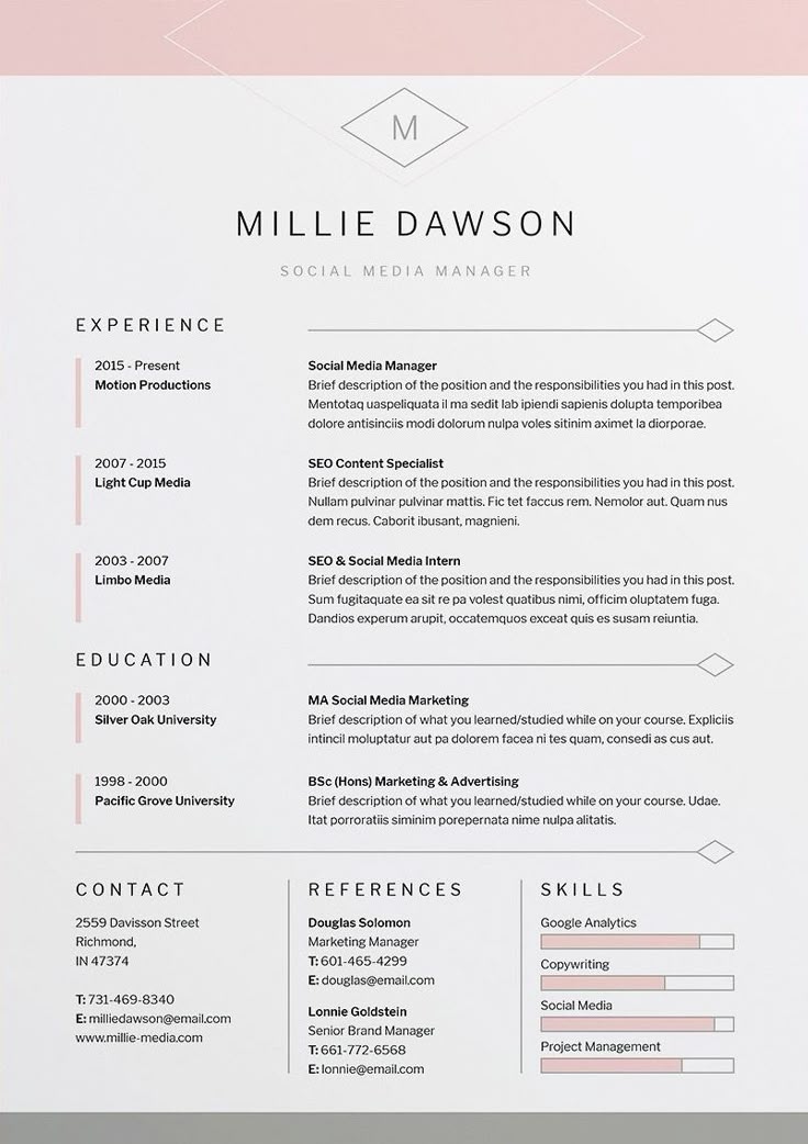Our design, ‘Millie’, contains a single page design with matching cover letter for those looking for a more compact presentation. Everything is editable including fonts and colors so be sure to personalize to suit your needs. Move and duplicate elements and make the design your own! A beautiful, Professional Template for Word / Photoshop / Indesign