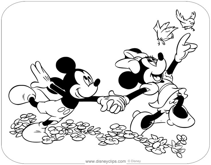 Coloring page of Mickey and Minnie Mouse running through the flowers to