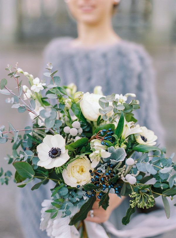 Wedding Flowers White And Dusty Blue And Green Greenery