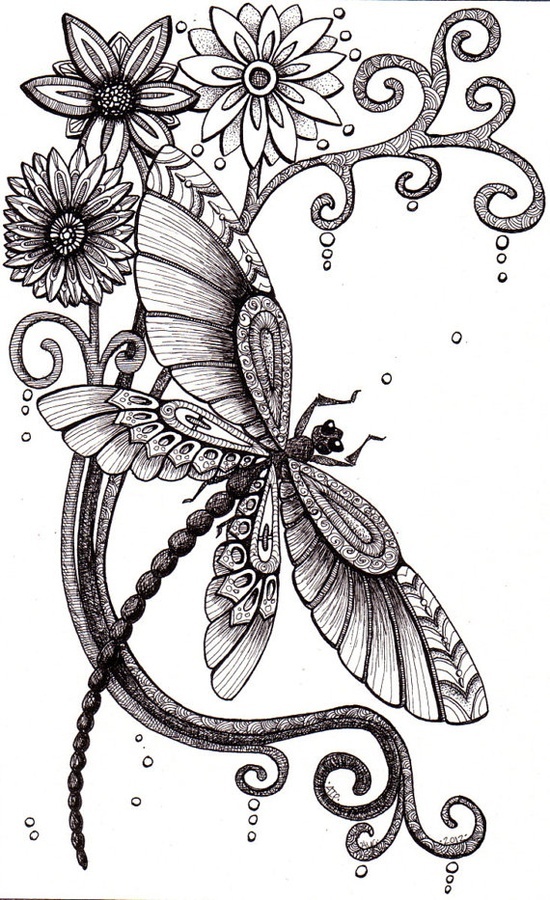 Beautiful And Original Whimsical Abstract Psychedelic Stylised Ink Drawing Illustration Dragonfly Flower Shell