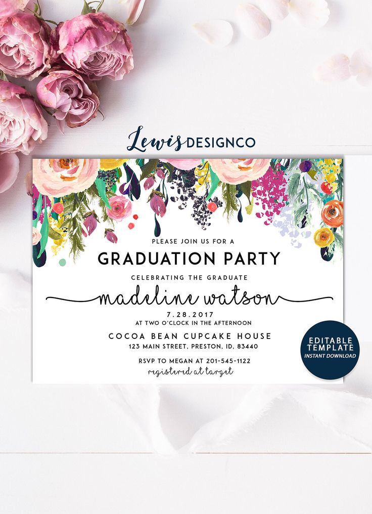 Graduation Party Invitation, High School Graduation Invite, Open House Invitation, Class of 2017, Floral Invitation Card, Editable Template by LewisDesignCo on Etsy https://www.etsy.com/listing/523599239/graduation-party-invitation-high-school