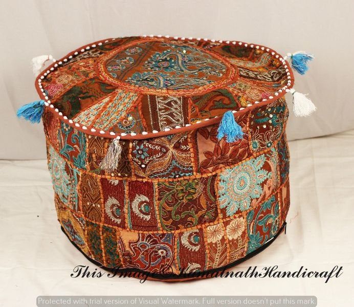 Bohemian 18 Black Indian Traditional Home Decorative Ottoman Handmade Patchwork Foot Stool Floor Cushion Cover Pouf Pouffe Ottoman Chair