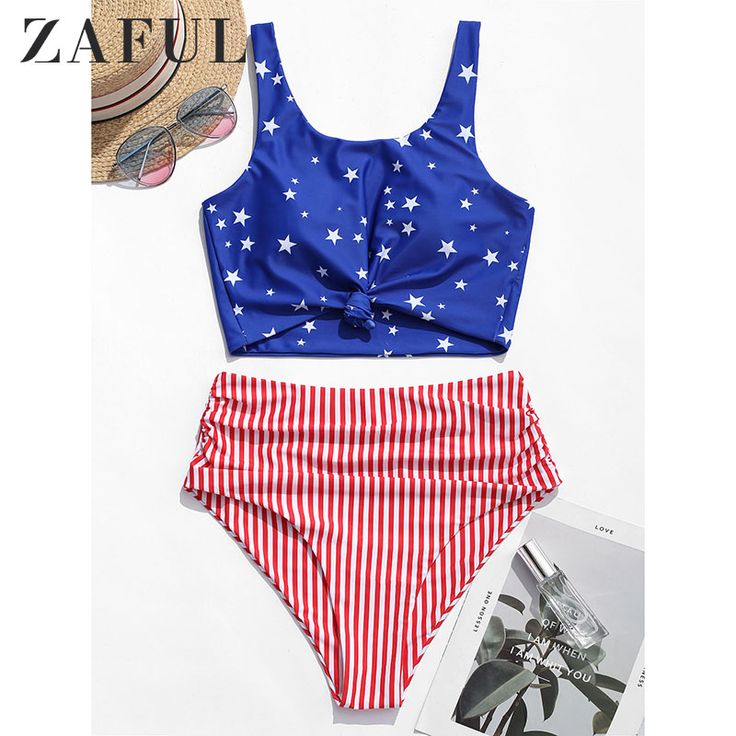 ZAFUL Bikini American Flag Tied Plunging Tankini Women Beach Swimwear Push Up Hi...