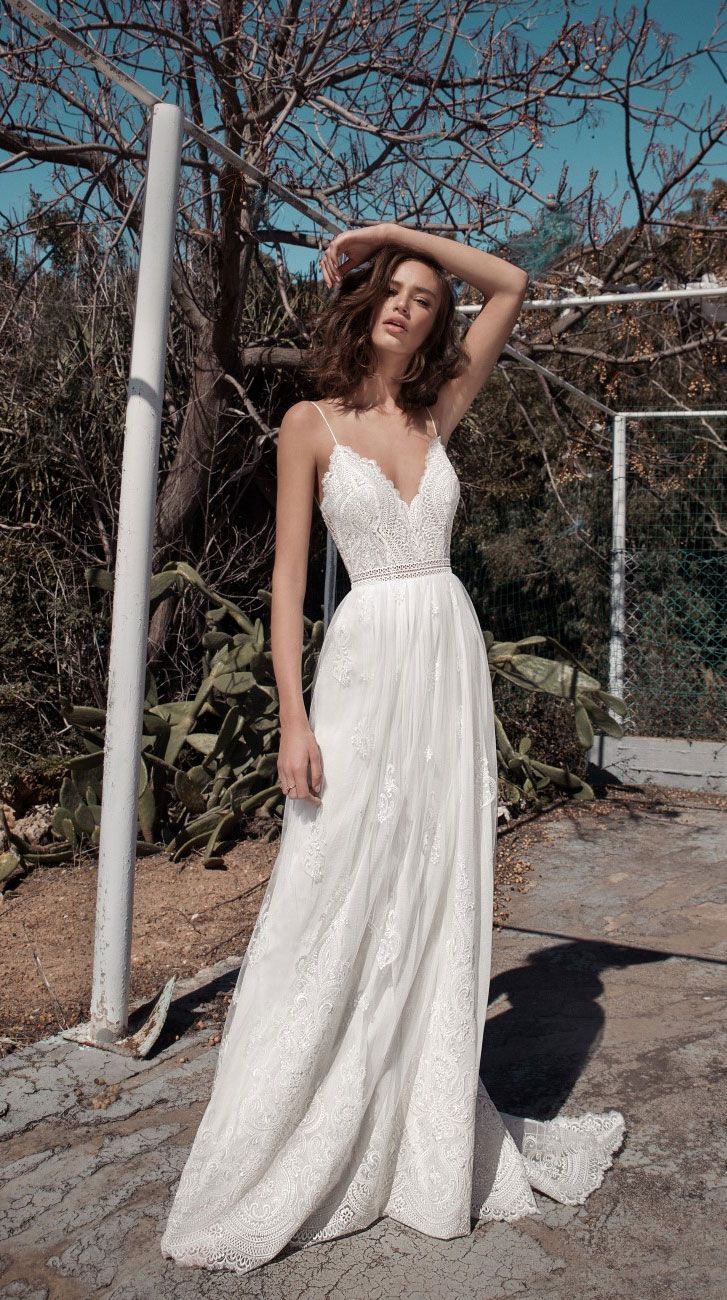 bridal Sleeveless spaghetti strap V neckline heavily embellished bodice bohemian… bridal Sleeveless spaghetti strap V neckline heavily embellished bodice bohemian…