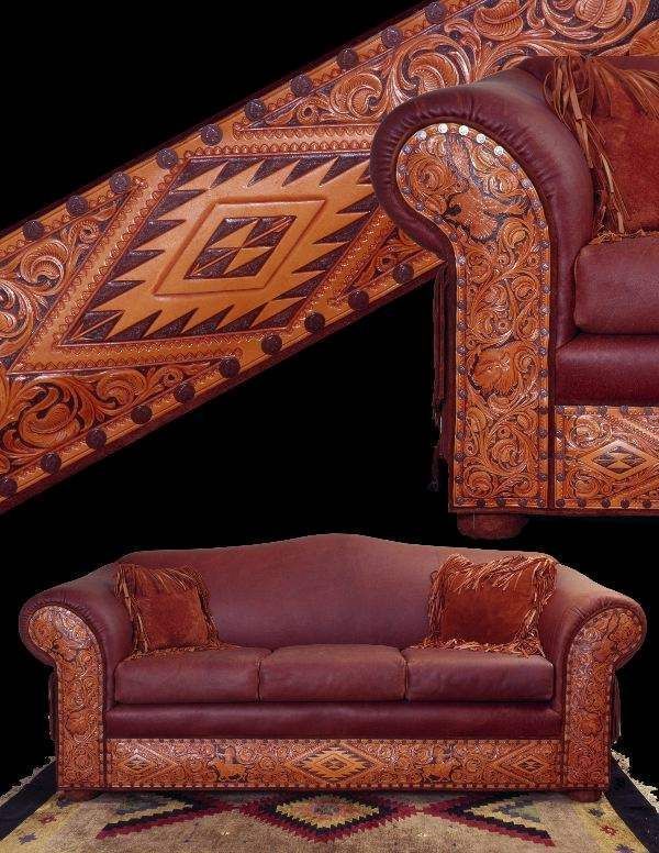 Now See That Is Leather Craft Gorgeous Couch Sofa With Tooled Wow Western Furniture Rustic Home Decor Western Furniture Rustic, Arts & Crafts Furniture