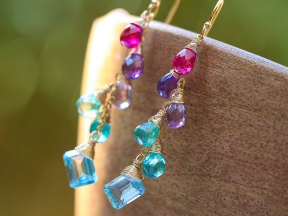 14K White Gold Chandelier Earrings With Colorful Semiprecious Gemstones