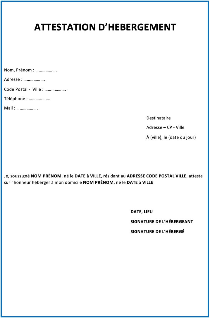 Attestation d’hébergement : explication et modèle de lettre type - Cnepn | Attestation d