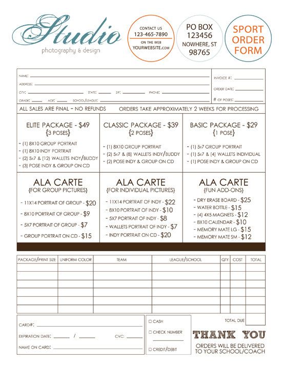 Digital template for sports, league, and school photographers. This photography sports order form for league/school photographers is great when printed as a 2 part NCR form. Simply keep one for your records and give the client the other. This also allows you to take credit card information on the form as well. Suggested packages and pricing is on the template. Includes a PSD file with full customization and is available for immediate download after purchase.