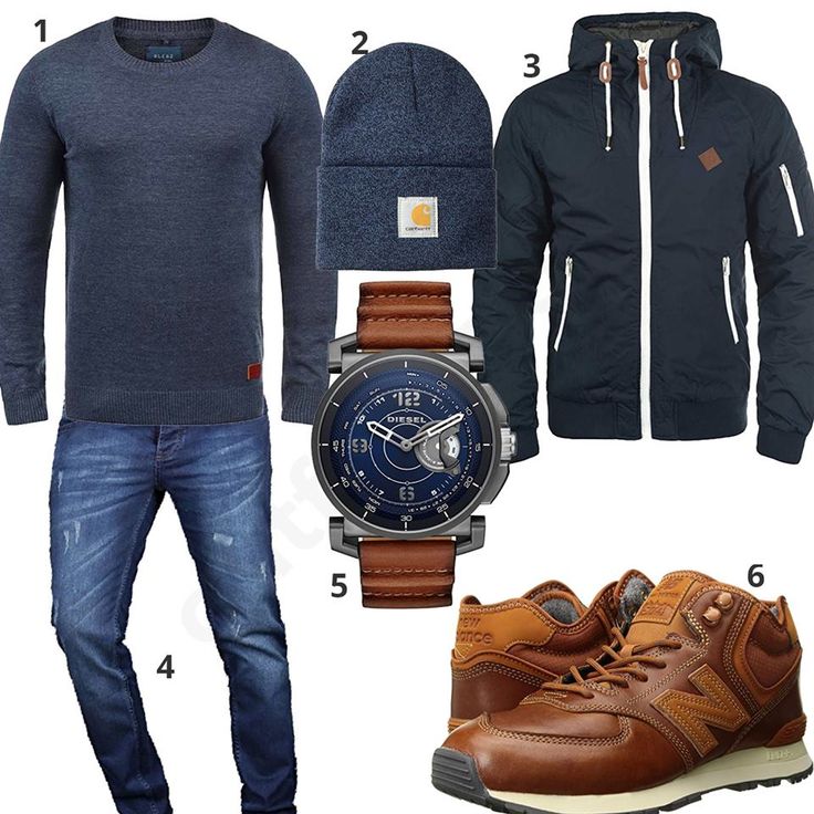 Herren-Winteroutfit mit blauem Blend Strickpullover, carhartt Mütze, Solid Übe...