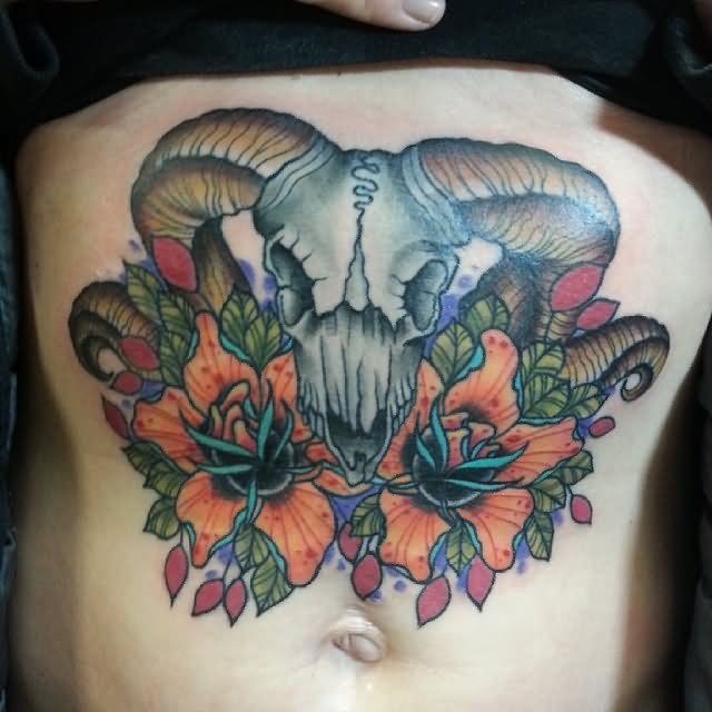 Traditional Goat Skull With Flower Tattoo On Girl Stomach With