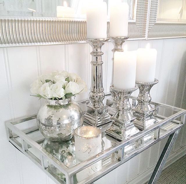 I Like The Use Of Two Mirrors Next To Each Other And Love Silver Table Decor Living Room Bathroom Counter Tray Table Decor Living Room, Silver Mirror Tray Decor