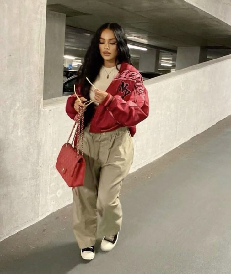 cargo pants outfit Beige Baggy Cargo Pants with Red Bomber Jacket