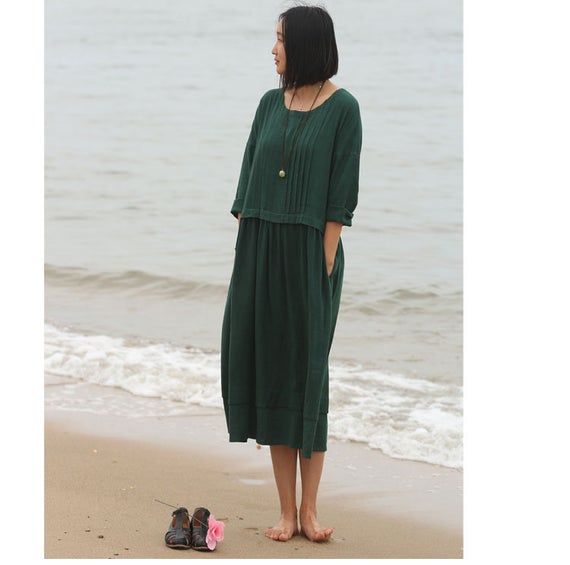 New Design Soft Cotton Dress with Pockets Long Sleeves Caftan Casual Loose Midi Dresses for Spring Fall Customized Plus Size Clothing Linen