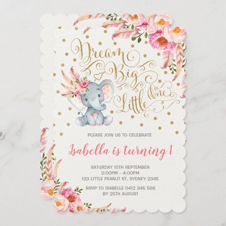 Instant Download Turning One Elephant First Birthday Flower Girl Birthday Pink Floral Printable Invitation Elephant Birthday Invite