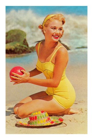 Woman in Yellow Bathing Suit with Ball Prints at AllPosters.com