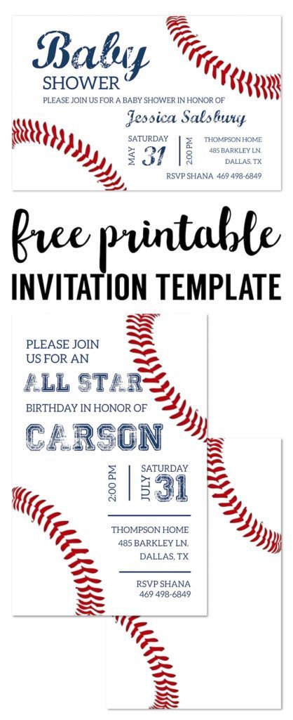 Baseball Party Invitations Free Printable. Baseball invitation template for a DIY baseball birthday party, baby shower, or baseball team party.