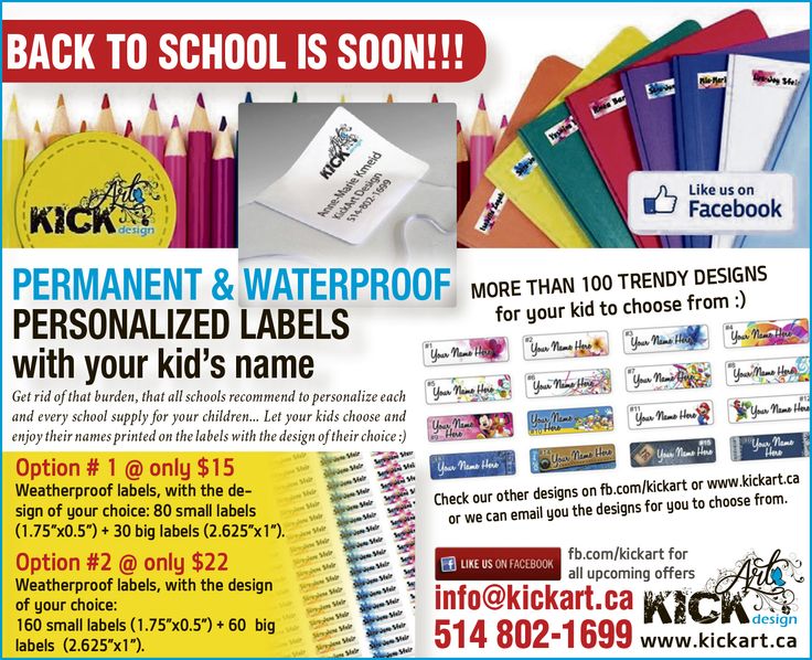 School labels for kids - Personalized Email info@kickart.ca & we will send you our designs ...