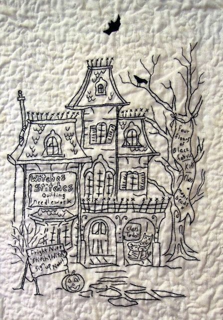 close up blackwork embroidery halloween quilt by phyllis day hocuspocusville pattern by crabapple - Halloween Hand Embroidery Patterns close up blackwork embroidery halloween quilt by phyllis day hocuspocusville pattern by crabapple - Halloween Hand Embroidery Patterns