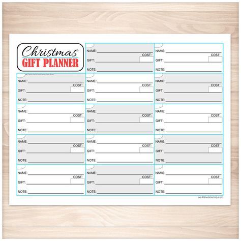 Printable PDF page that is used to track the gifts or presents you plan on buying for Christmas. This sheet is designed in a grid layout with a lines in each section for the name of the person you're buying for, the gift you want to buy, the price, and an applicable note, such as where to buy it or if you have a coupon. There is also a little spot in the corner where you can put a check-mark indicating you have purchased the gift.