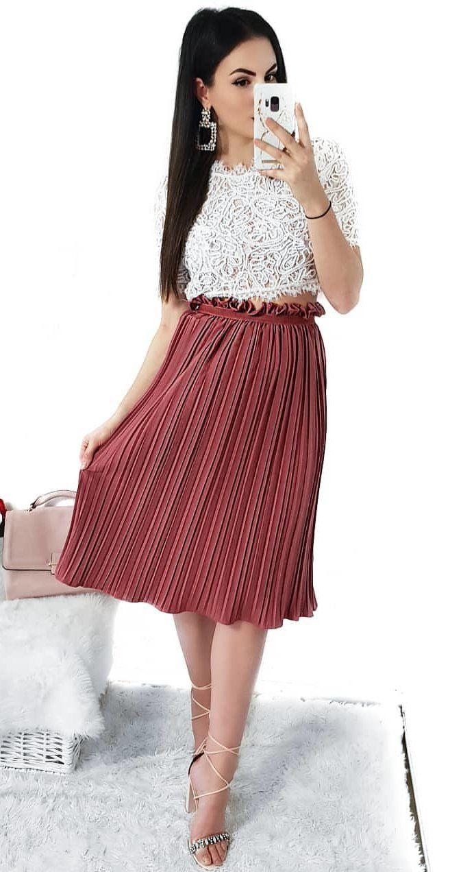 red accordion skirt and white lace half-sleeved shirt #spring #outfits red accordion skirt and white lace half-sleeved shirt #spring #outfits