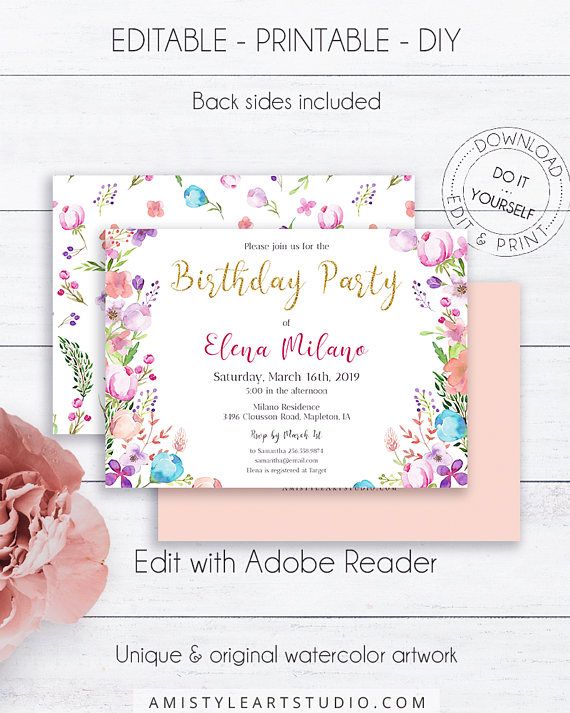 Floral Birthday Gold Glitter Invite with colorful and dazzling hand-painted watercolor floral design in shabby chic and whimsical style.This magnificient birthday invitation template is an instant download EDITABLE PDF so you can download it right away, DIY edit and print it at home or at your local copy shop by Amistyle Art Studio on Etsy
