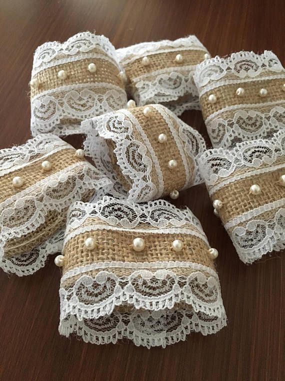 Pearl and lace napkin rings- Rustic wedding decorations – Set of 10, 20, 30, 40, 50 and more – Pearl wedding details – Table accesory img