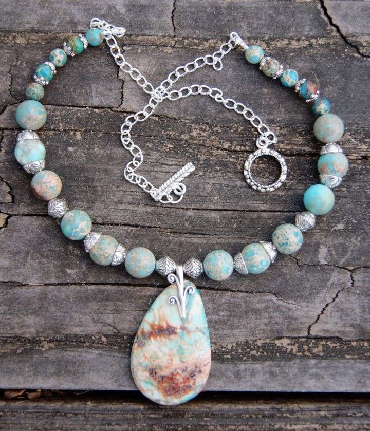 Orange /& Blue Varscite Jasper Nugget Necklace with Silver Tone Toggle 19 N4102018g