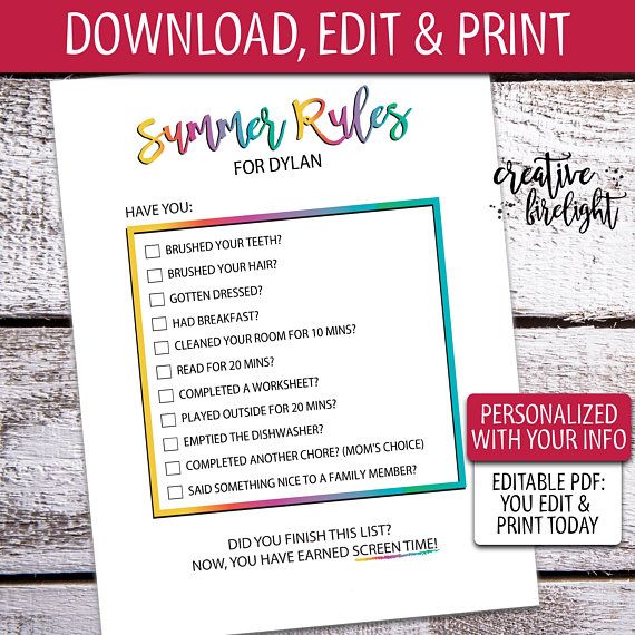 editable summer rules editable online printable screen summer chores list