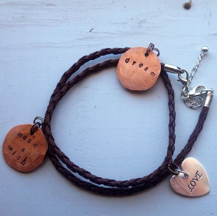 Inexpensive ($2) leather bracelet from hobby lobby. Added hand stamped penny cha...