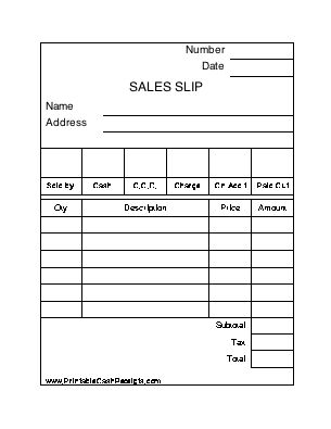 This printable sales slip is much like those found in a sales pad or order book. Printing four per page while still allowing room for payment information, quantities, and descriptions, these receipts are ideal for a retail setting. Free to download and print