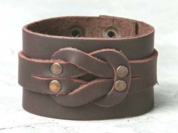 Chunky leather bracelet, Brown wide wristband, Unisex men women bangle, Wrist warp Cuff band ...