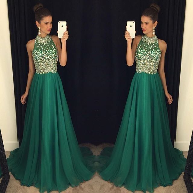 Sparkly Crystal Beaded Emerald Green Prom Dresses Long 2017 Sweep Train