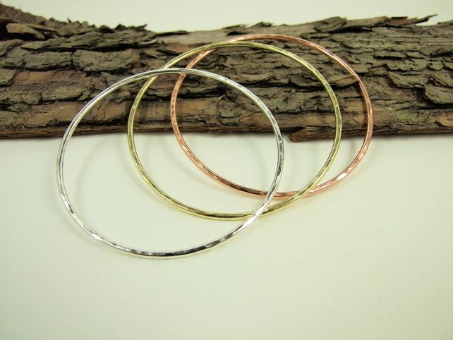Copper and Sterling Silver Hand Wrought Hammered Bangle