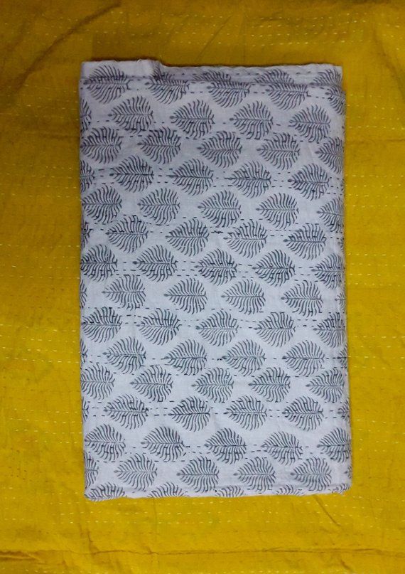 Block print padded quilt original handmade indian patchwork kantha quilt Kantha Bed Cover Kantha Blanket hand stitched quilt pure cotton
